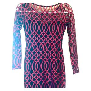 Long sleeve semi sheer mini dress black with red